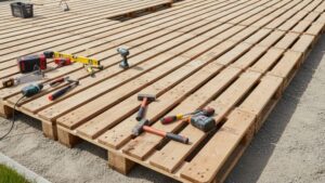 Construction d’une terrasse en palettes avec palettes alignées et outils de bricolage
