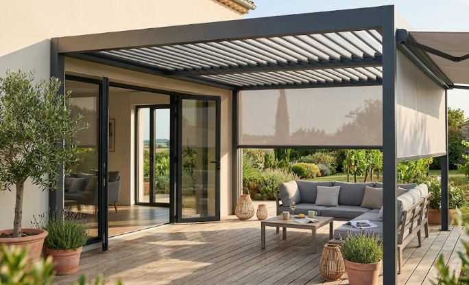 Pergola avec stores latéraux : intimité et protection